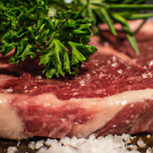 Fresh ingredients including a thick steak, salt, pepper, and herbs for seasoning.