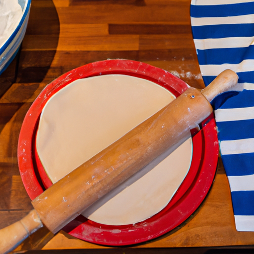 Homemade pizza dough being rolled out and prepared for the Dutch Oven Supreme Pizza.