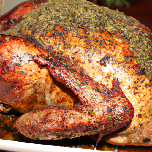 A close-up of a perfectly cooked turkey with golden brown skin, juicy meat, and flavorful herbs and spices.