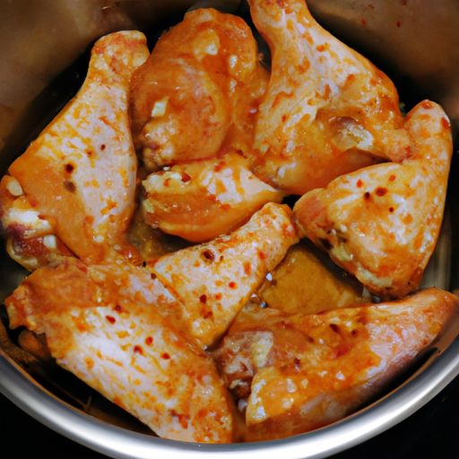 Chicken wings marinated in a tangy and flavorful sauce, ready to be cooked in a Dutch oven.