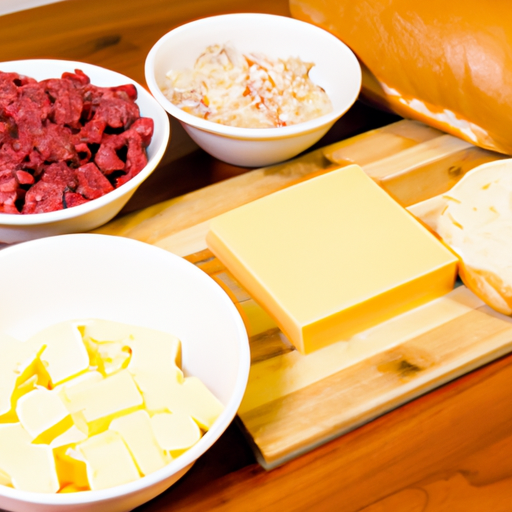 Fresh ingredients for Dutch oven sliders, including slider buns, ground beef, cheese, and various toppings.